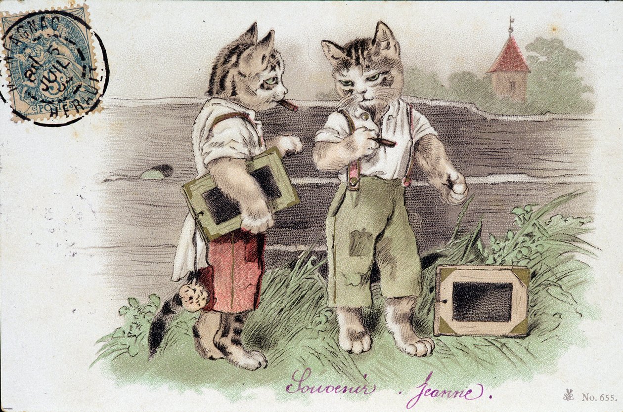 Illustrasjon av katter i situasjon - postkort tidlig på 1900-tallet. av French School