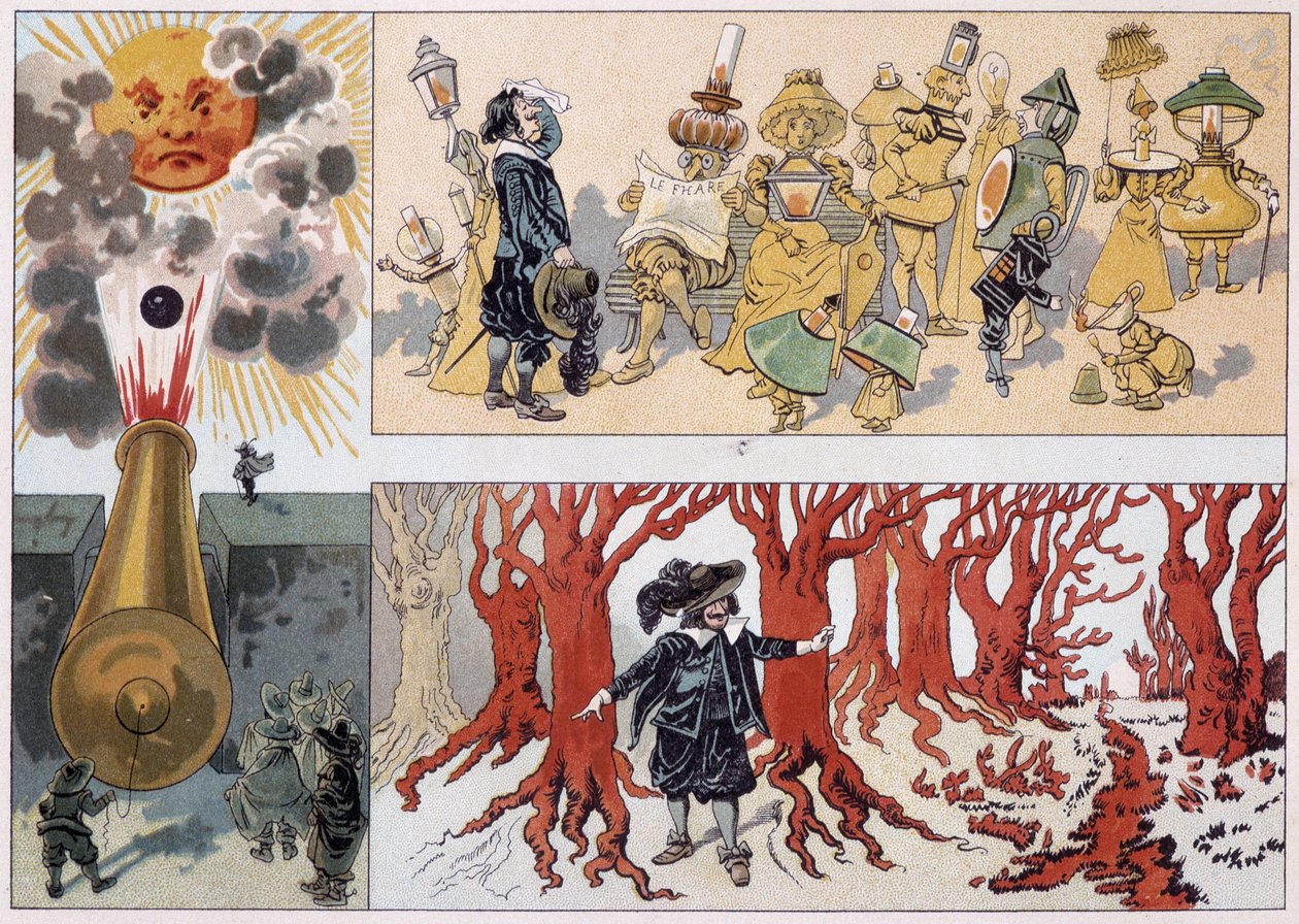Illustrasjon av de Cyrano de Bergerac i sin roman "The Other World"" av French School