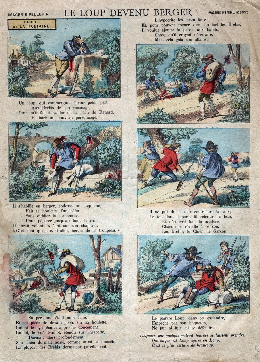 Illustrasjon av fabelen av Jean de la Fontaine (1621-1695): ulven ble en hyrde. Epinal avbildning fra slutten av 1800-tallet. av French School