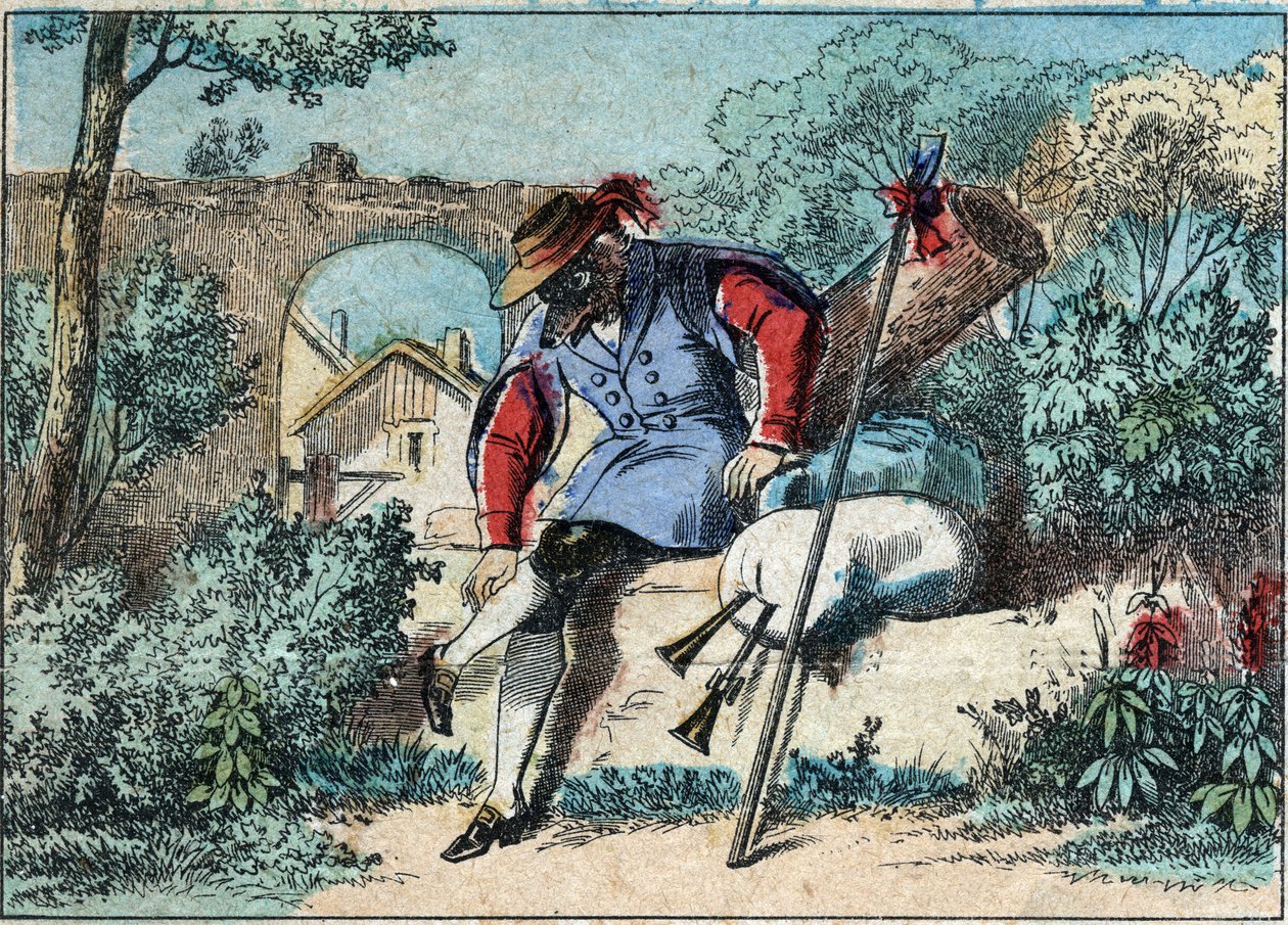 Illustrasjon av fabelen av Jean de la Fontaine (1621-1695): ulven ble en hyrde. Epinal avbildning fra slutten av 1800-tallet. av French School