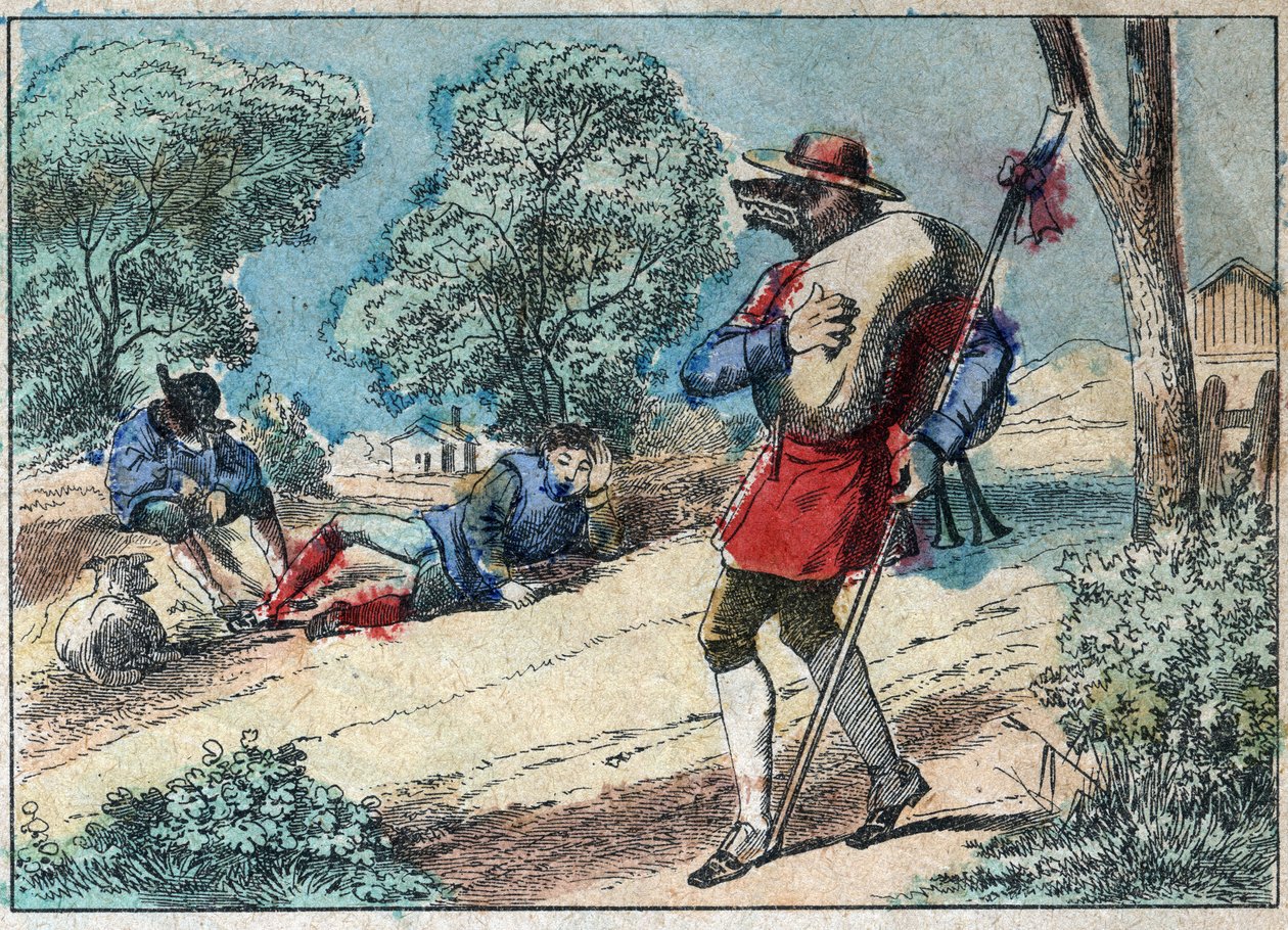 Illustrasjon av fabelen av Jean de la Fontaine (1621-1695): ulven ble en hyrde. Epinal avbildning fra slutten av 1800-tallet. av French School