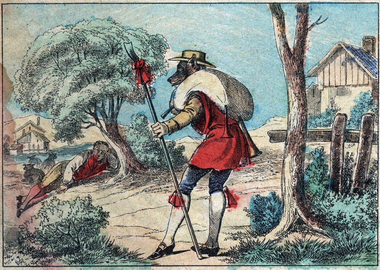 Illustration of the fable by Jean de la Fontaine (1621-1695): the wolf became a shepherd. Epinal imaging of the late 19th century. av French School