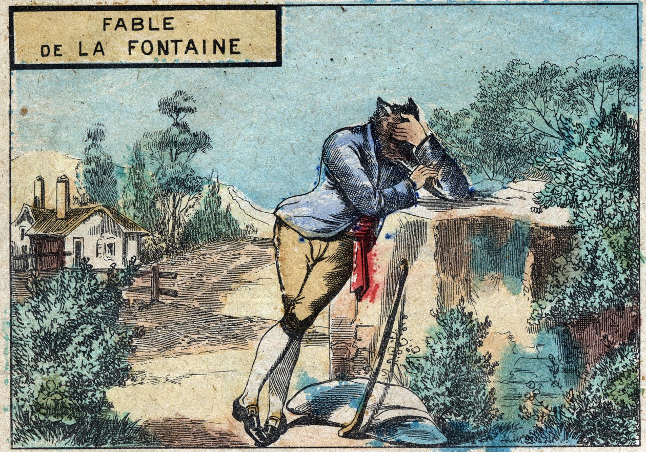 Illustrasjon av fabelen av Jean de la Fontaine (1621-1695): ulven ble en hyrde. Epinal avbildning fra slutten av 1800-tallet. av French School
