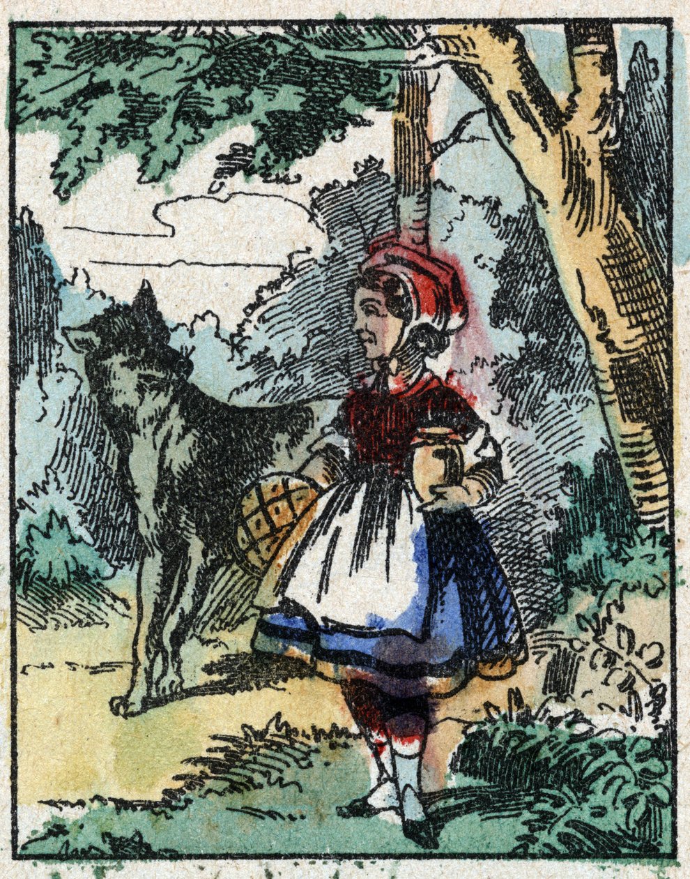 Illustration of the tale “The Little Red Riding Hood”” by Charles Perrault. Wood engraving from Imaging Pellerin - Epinal, sd. Late 19th century. av French School