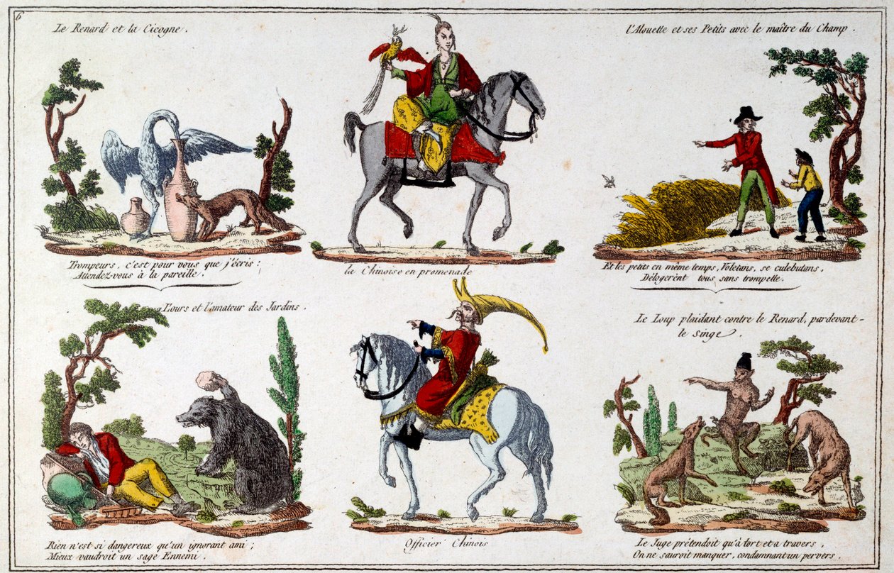 Illustrasjonsplate for fablene av Jean de La Fontaine (1621-1695): reven og storken, kineserne som går, bjørnen og hageelskeren, den kinesiske offiseren. Gravering av French School