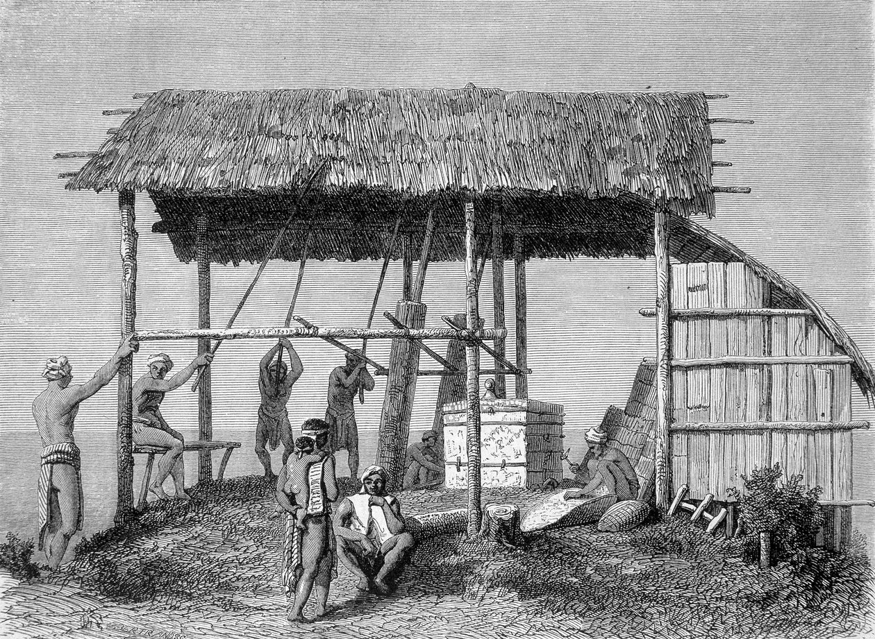 Illustrasjon publisert i 1862-utgaven av "Le Tour du monde" som viser en smed i dayaks på øya Borneo. Gravering. av French School
