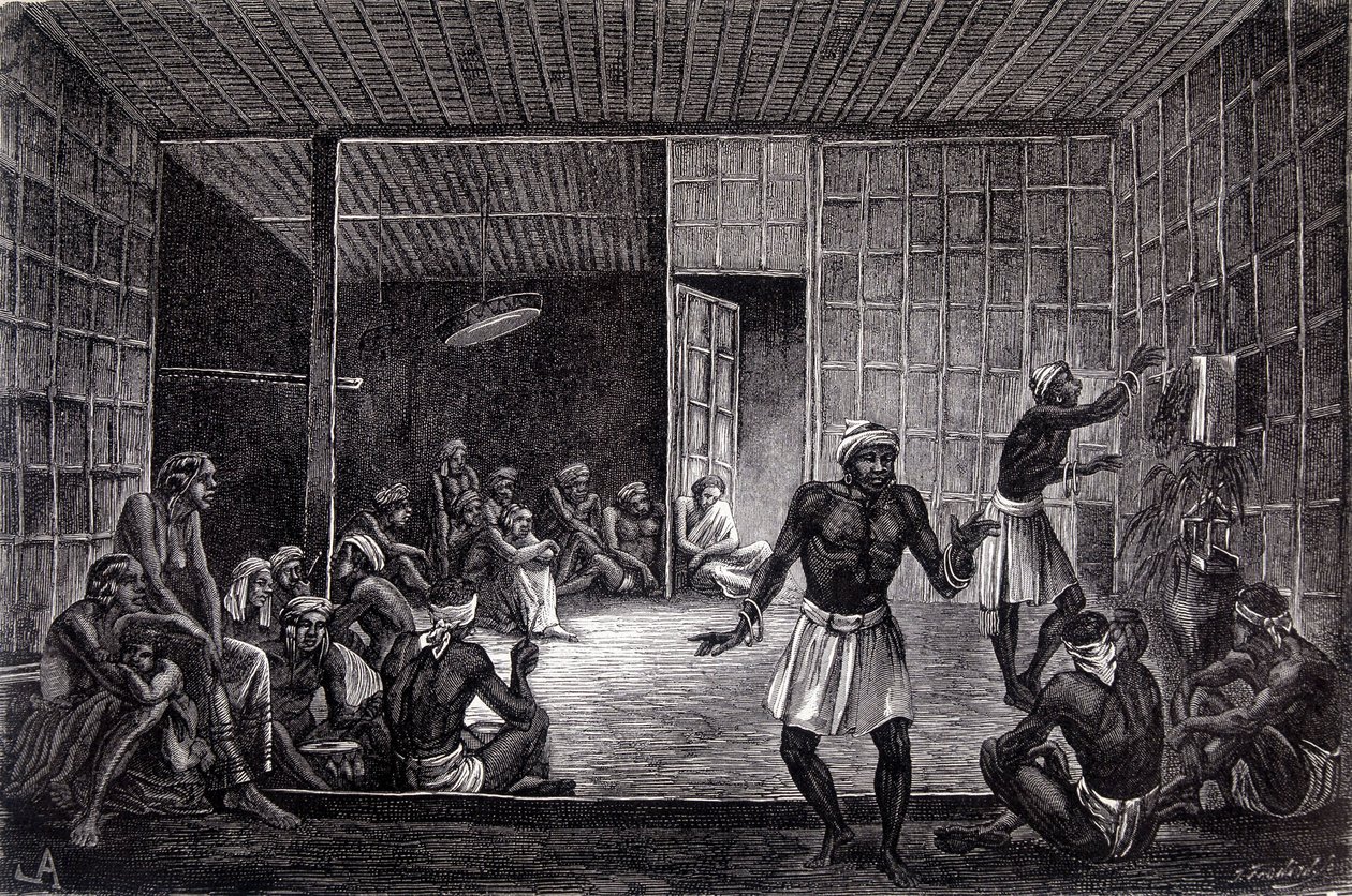 Illustrasjon publisert i 1862-utgaven av "Le Tour du monde" som viser en sesjon med eksorcisme praktisert av dayakene på øya Borneo. Gravering. av French School