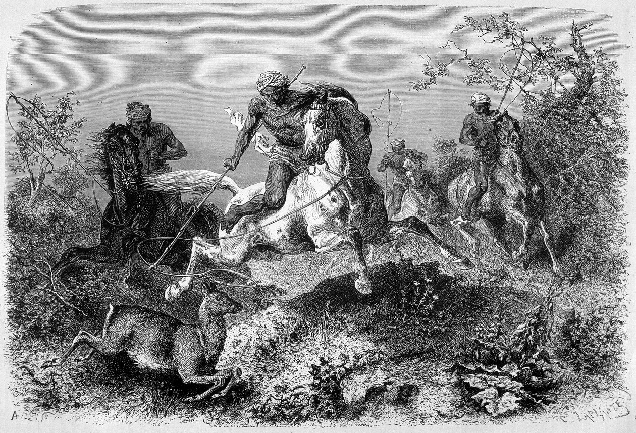 Illustrasjon publisert i utgaven av "" Le Tour du monde"" fra 1870 - 1871 som viser en dyakjakt på øya Borneo. Gravering. av French School