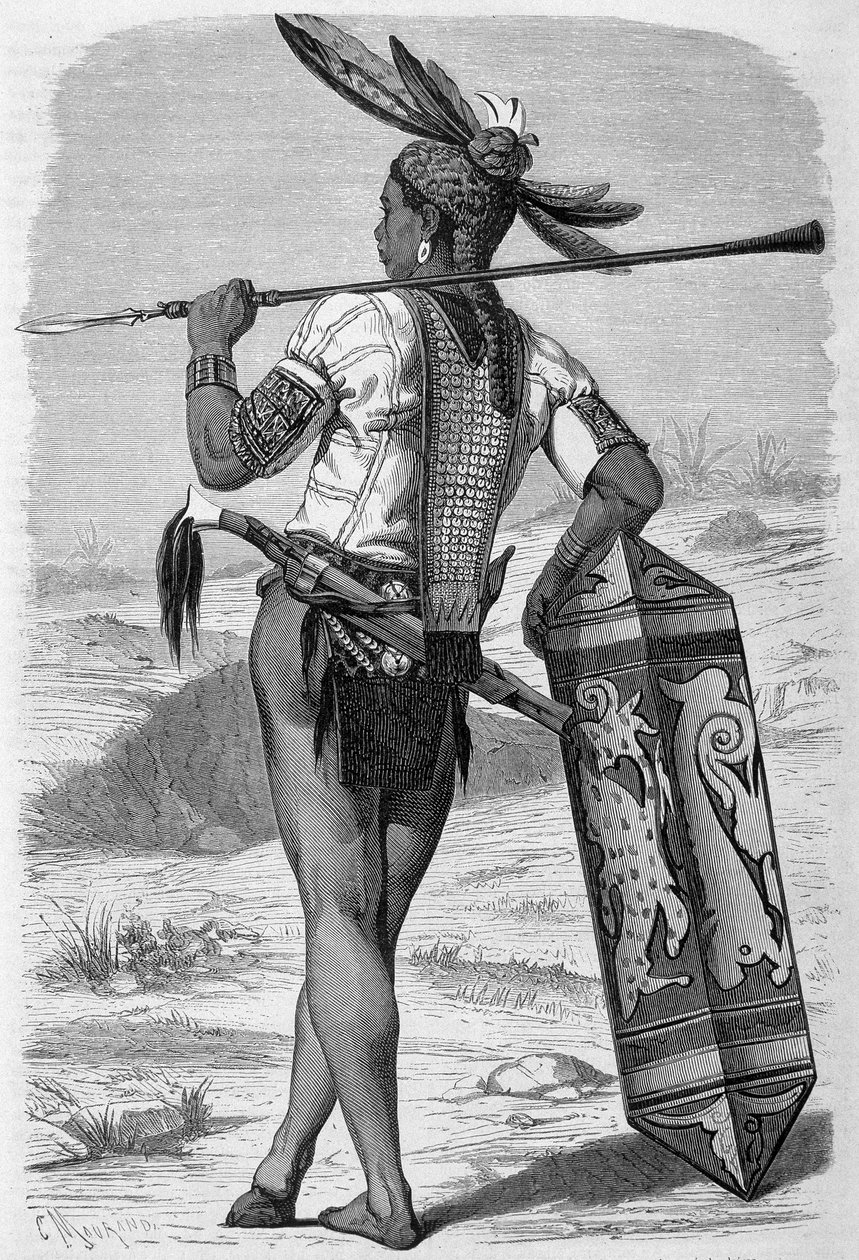 Illustrasjon publisert i utgaven av "Le Tour du monde" fra 1870 - 1871 som viser en dayak (urfolk) på øya Borneo. Gravering. av French School