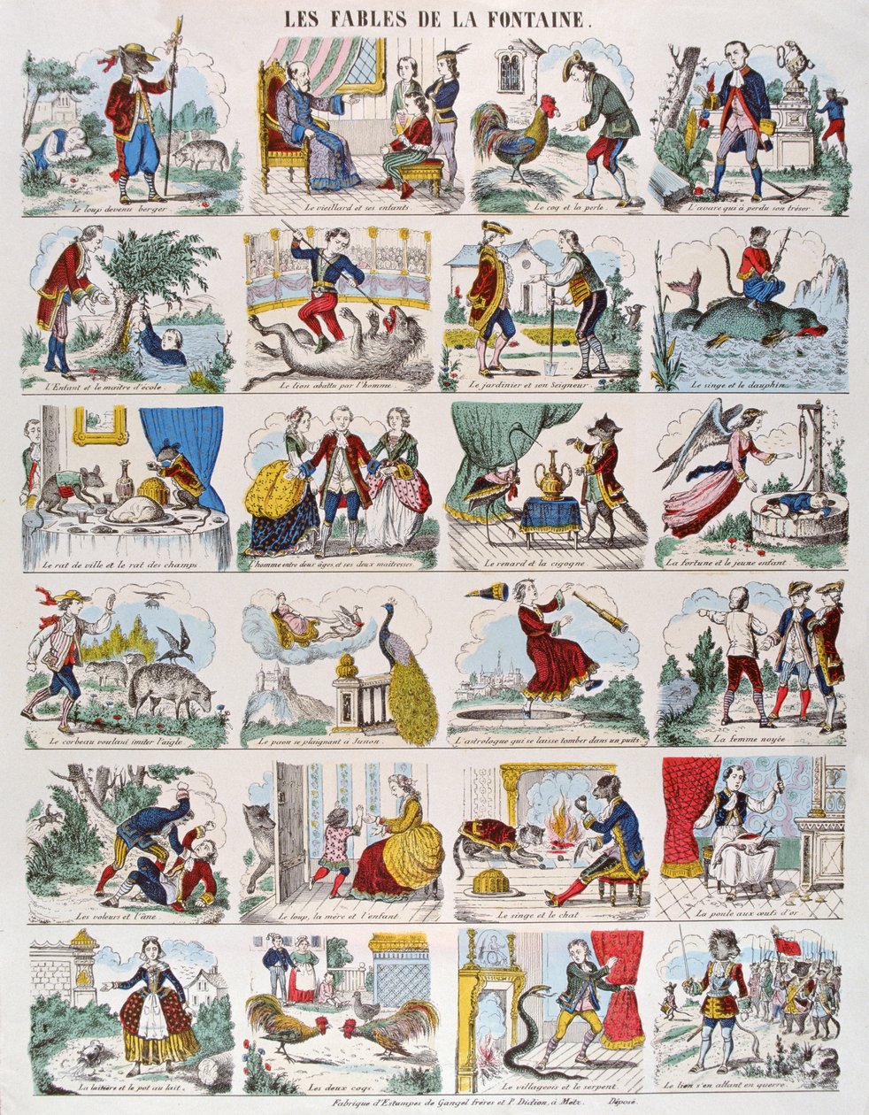 Illustrasjoner for Fables av Jean de La Fontaine (1621-95) bilder Gangel og P. Didion i Metz (fargegravering) av French School