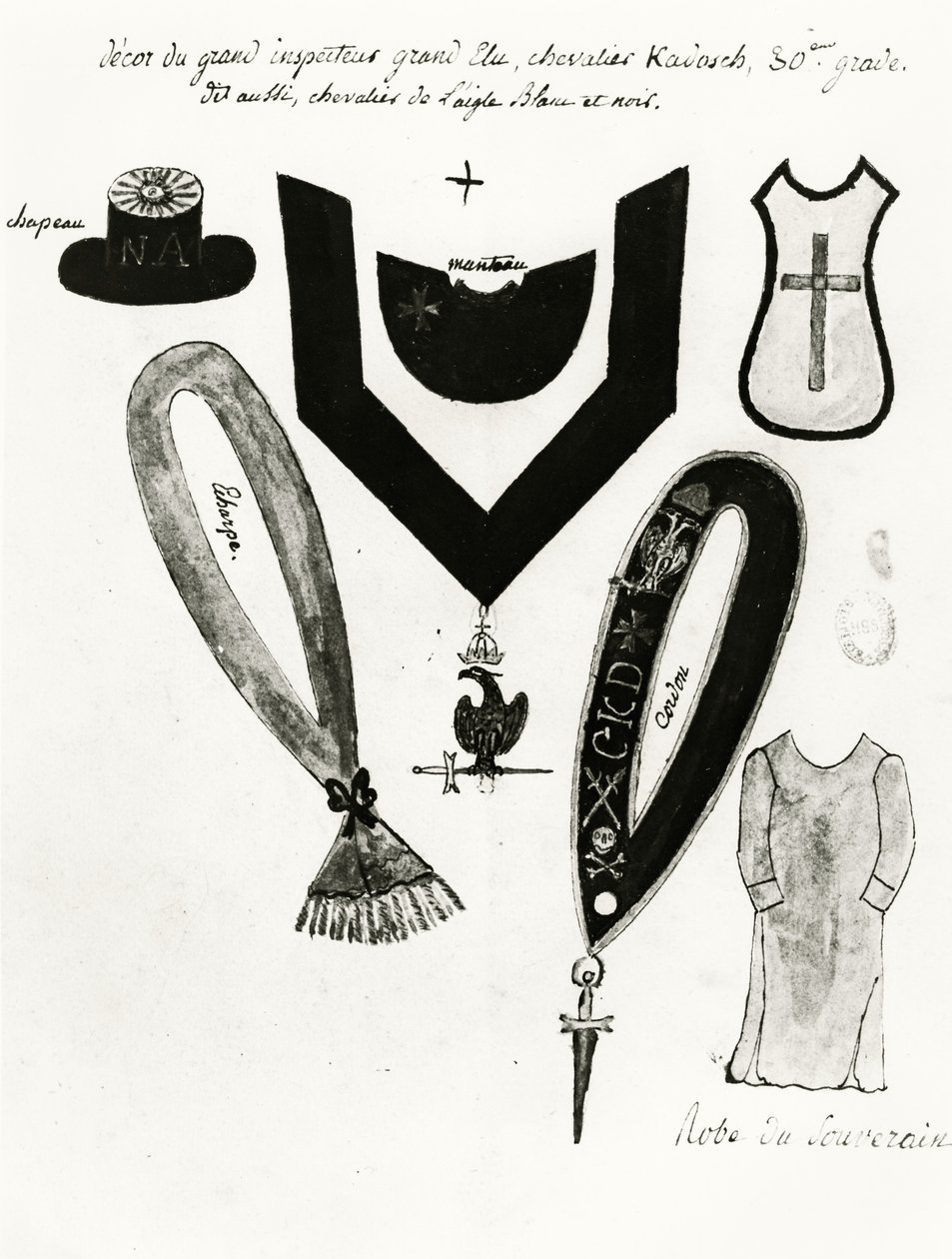 Illustrasjoner av frimurerregalier og kjolen til ridderen Kadosh, 30. grad, i Scottish Rite of Freemasonry, 1813 (penn, blekk og gouache på papir) av French School
