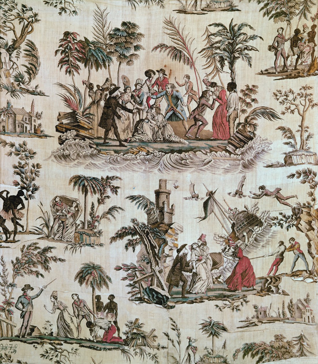 Illustrasjoner av hendelser fra romanen Paul et Virginie, Toile de Nantes, ca. 1800 (trykt bomull) av French School
