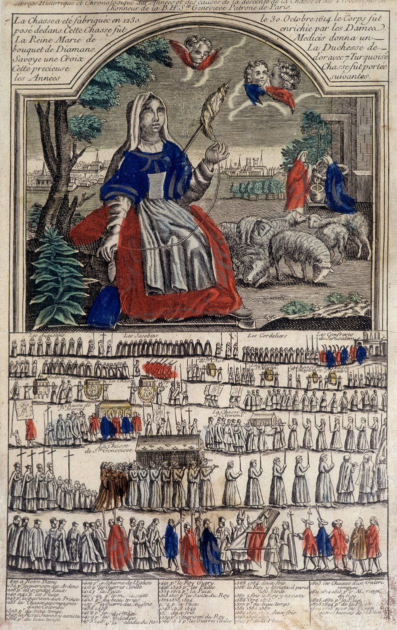 Bilde av Epinal som viser Sainte Geneviève, Paris#39; skytshelgen. Gravering fra 1800-tallet. Notre Dame-museet i Paris. av French School