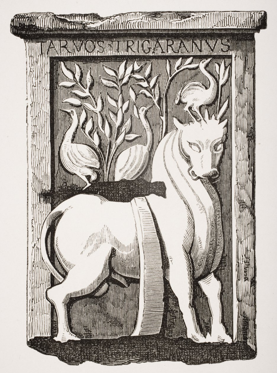 Bilde av Holy Ox Celtic-monumentet funnet under koret til Notre Dame-katedralen i Paris i 1711, fra Le Moyen Age et La Renaissance av Paul Lacroix (1806-84) publisert 1847 av French School