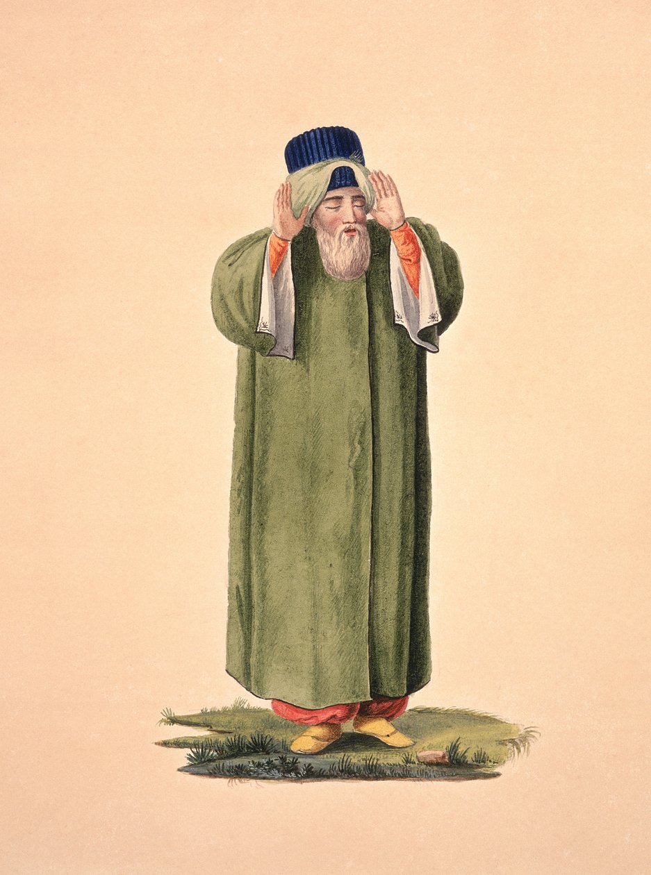 Imam Calling to Prayer, sannsynligvis etter Cousinery, osmansk periode, tredje kvartal av 1700-tallet (wc på papir) av French School