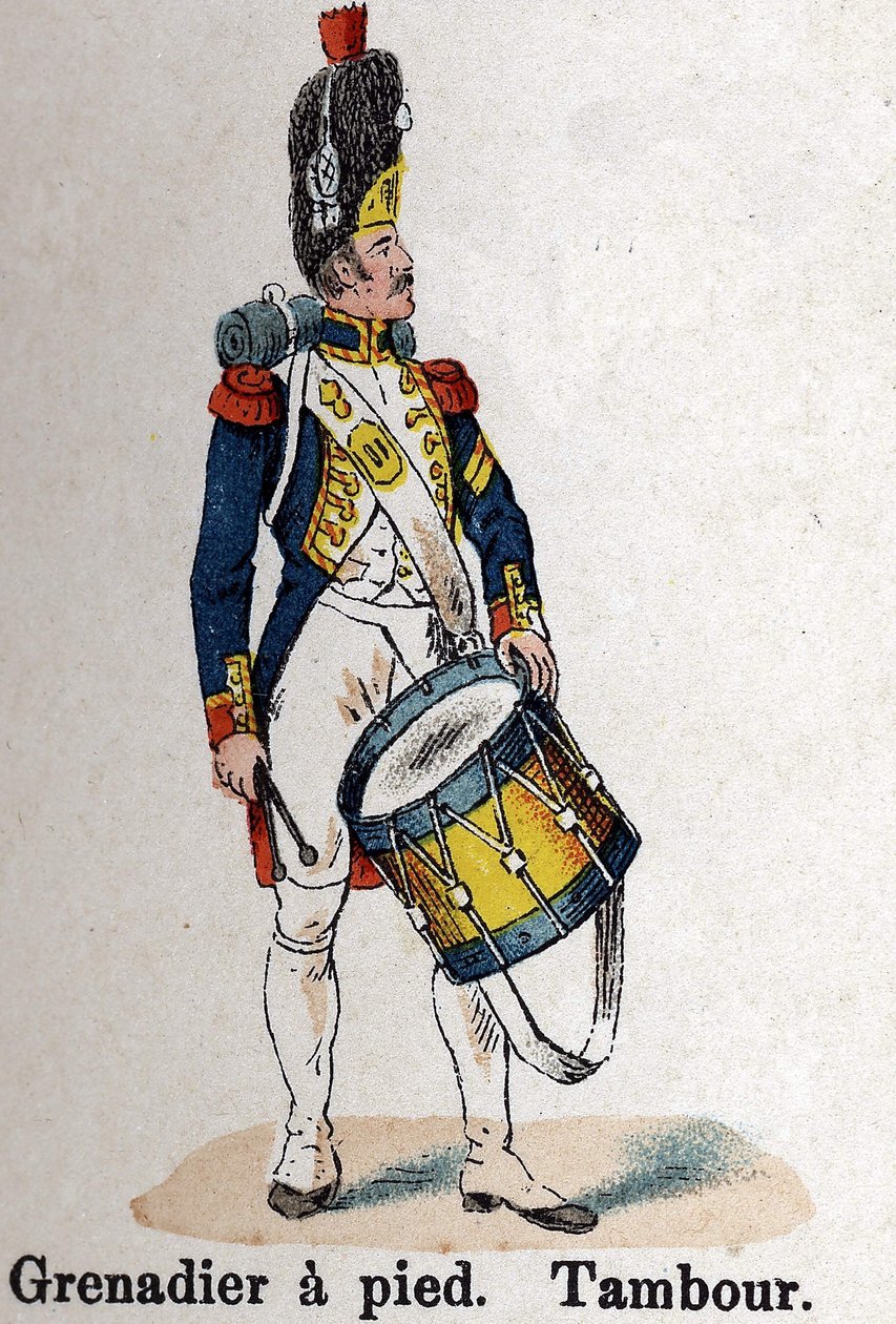 Imperial Guard Napoleon I: Grenadier til fots - Tromme. Tallerken fra boken Les Uniformes de l
