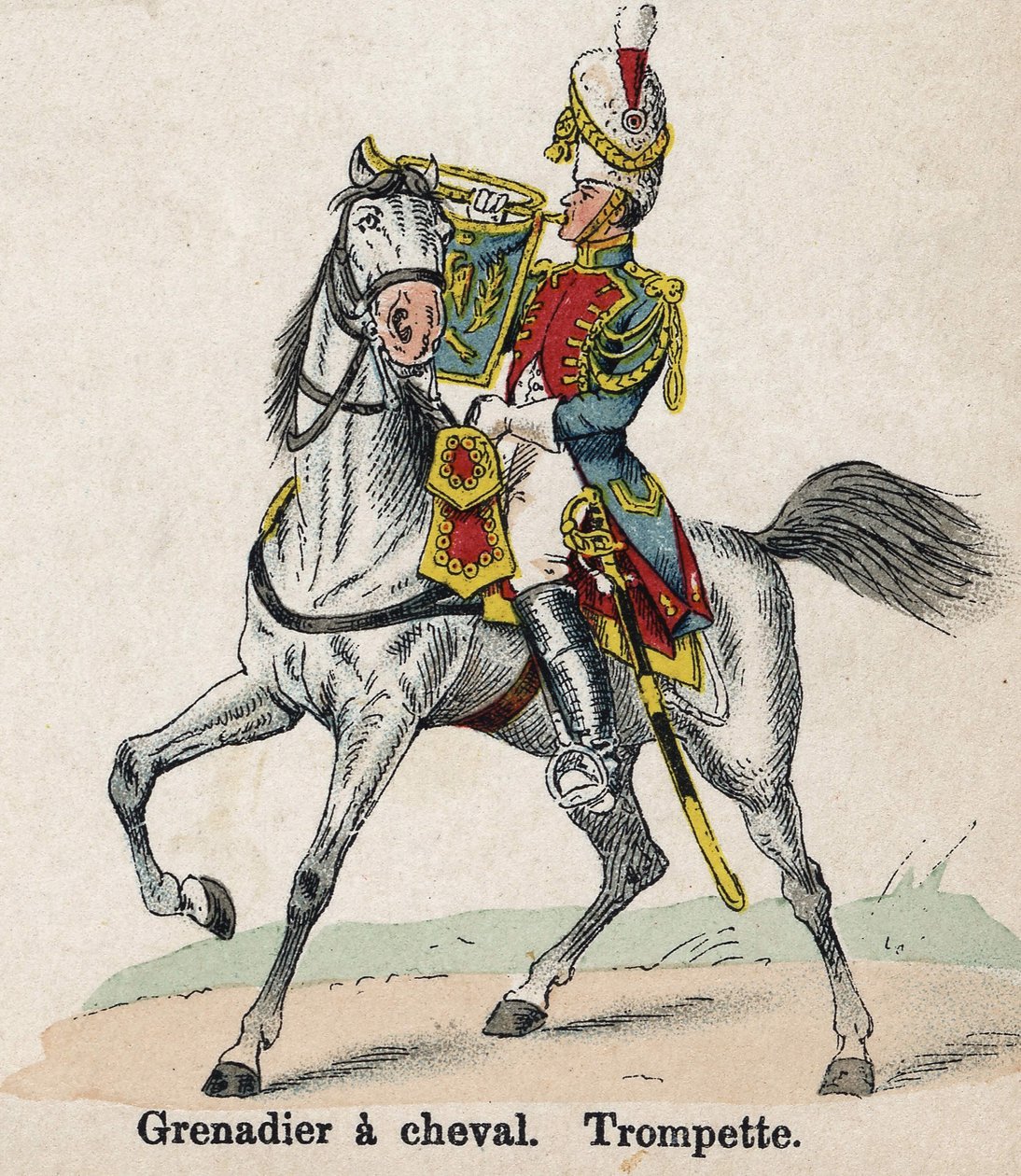 Imperial Guard Napoleon I: Grenadier til hest - Trompet. Tallerken fra boken Les Uniformes de l