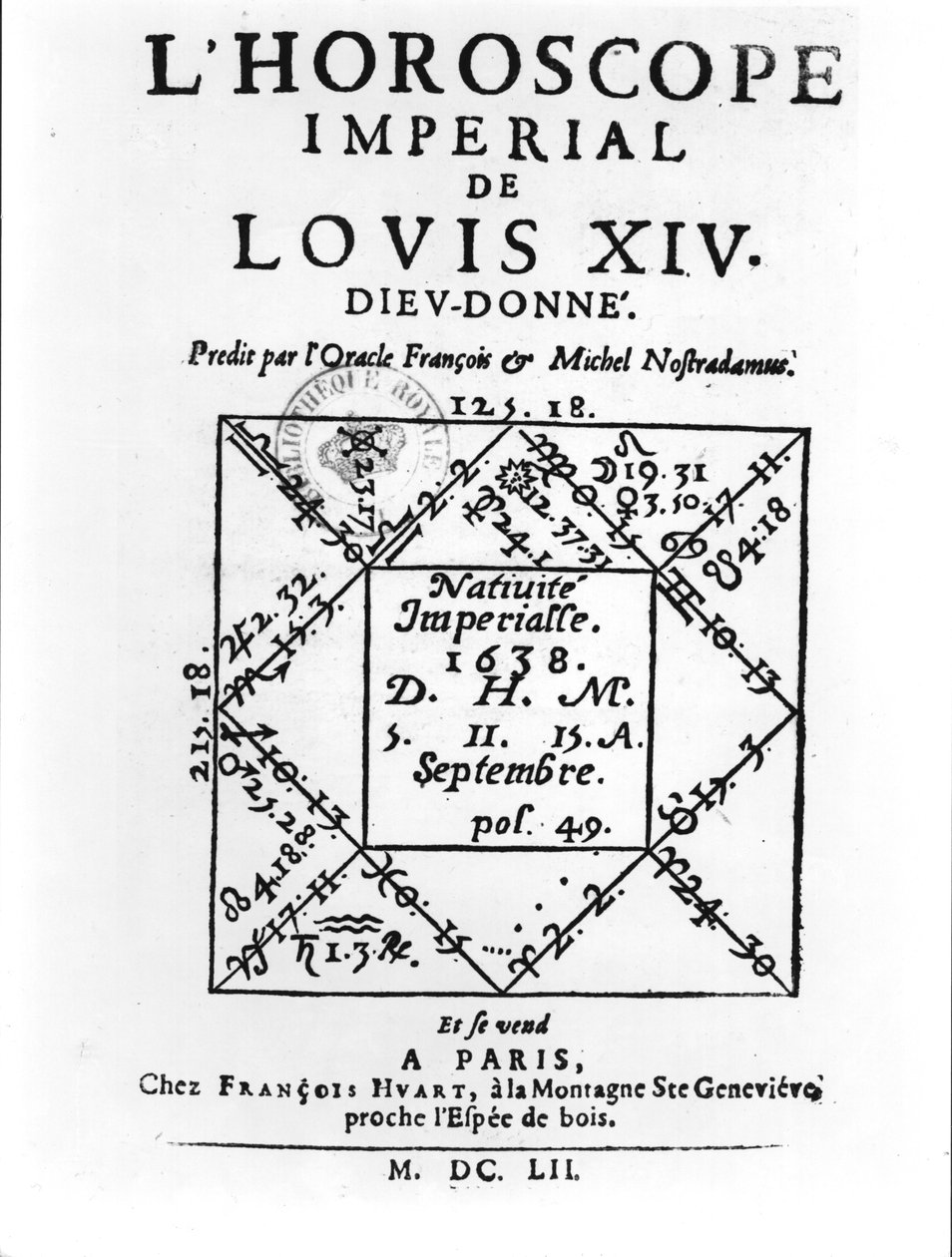 Imperial Horoscope of Louis XIV (1638-1715) av Michel Nostradamus (1503-66) utgitt av Francois Huart i Paris 1652 av French School