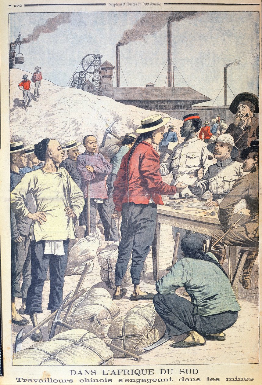 Importerer kinesiske arbeidere for å jobbe i gullgruvene i Sør-Afrika i 1904, illustrasjon fra Le Petit Journal, 1904 av French School