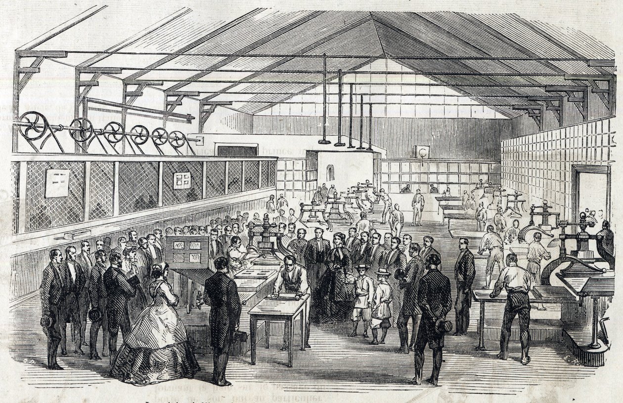 Impress Eugenie and Imperial Prince visit the Banque de France, 23 June 1866 - printing of banknotes - engraving in Le MONDE Illustrous DU 07/07/1866 av French School
