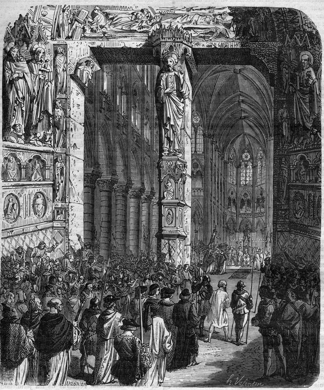 I Canossa ber keiser Henrik IV av Det hellige romerske rike (1050 - 1106) i angrende kjole om tilgivelse fra pave Gregoire VII (Hildebrand: 1015/20 - 1085) og gjør hederlig bod. Dronningens konge og keiseres forbrytelser gjennom århundrene» av Mauri av French School