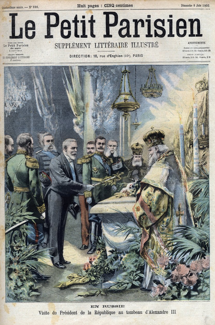 In Russia: visit of President Emile Loubet (1838-1929) to the tomb of Alexander III (1845-1894), Emperor of Russia, in " Le petit Parisien”” av French School