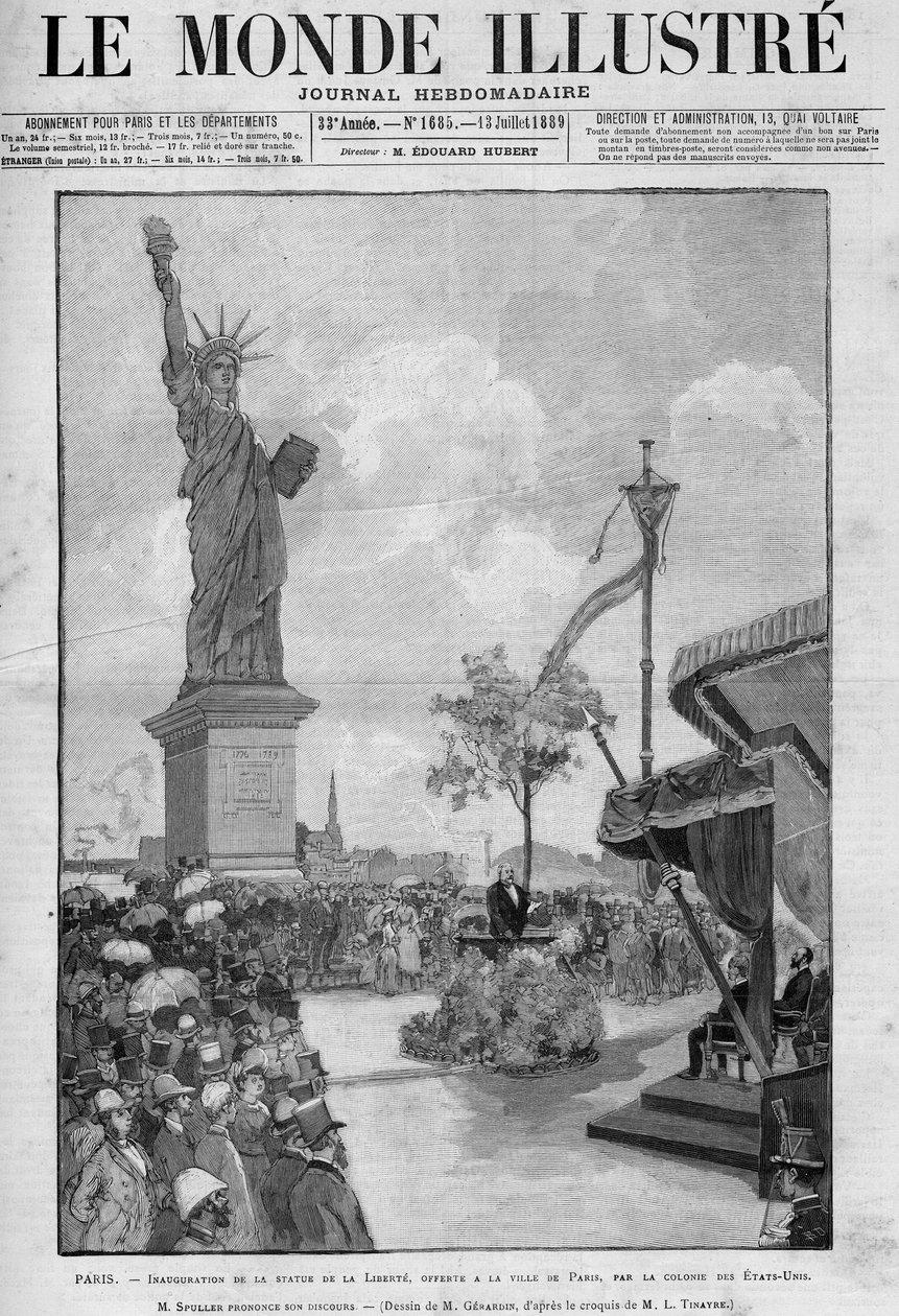 Innvielse av Frihetsgudinnen i Paris, 4. juli 1889: tale av Eugene Spuller (1835-1896), fransk utenriksminister. Statuen ble tilbudt til byen Paris av det amerikanske samfunnet for å minnes hundreårsdagen for av French School