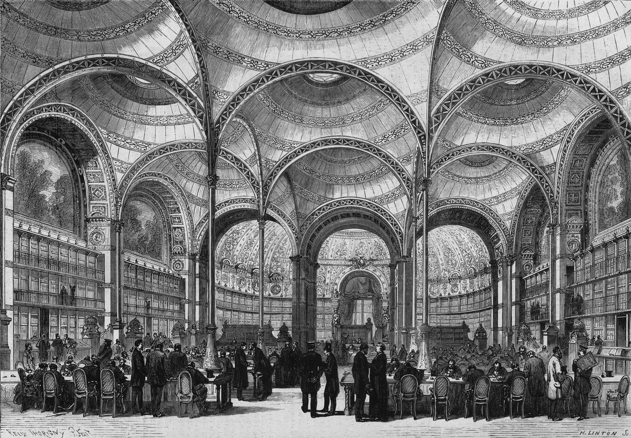 Innvielse av den nye lesesalen til det keiserlige biblioteket i Paris, 13. juni 1868, bygget av arkitekten Pierre Francois Henri Labrouste (1801-1875). Gravering i ""Le Monde Illustre"" nr. 585 av 27. juni 1868. av French School