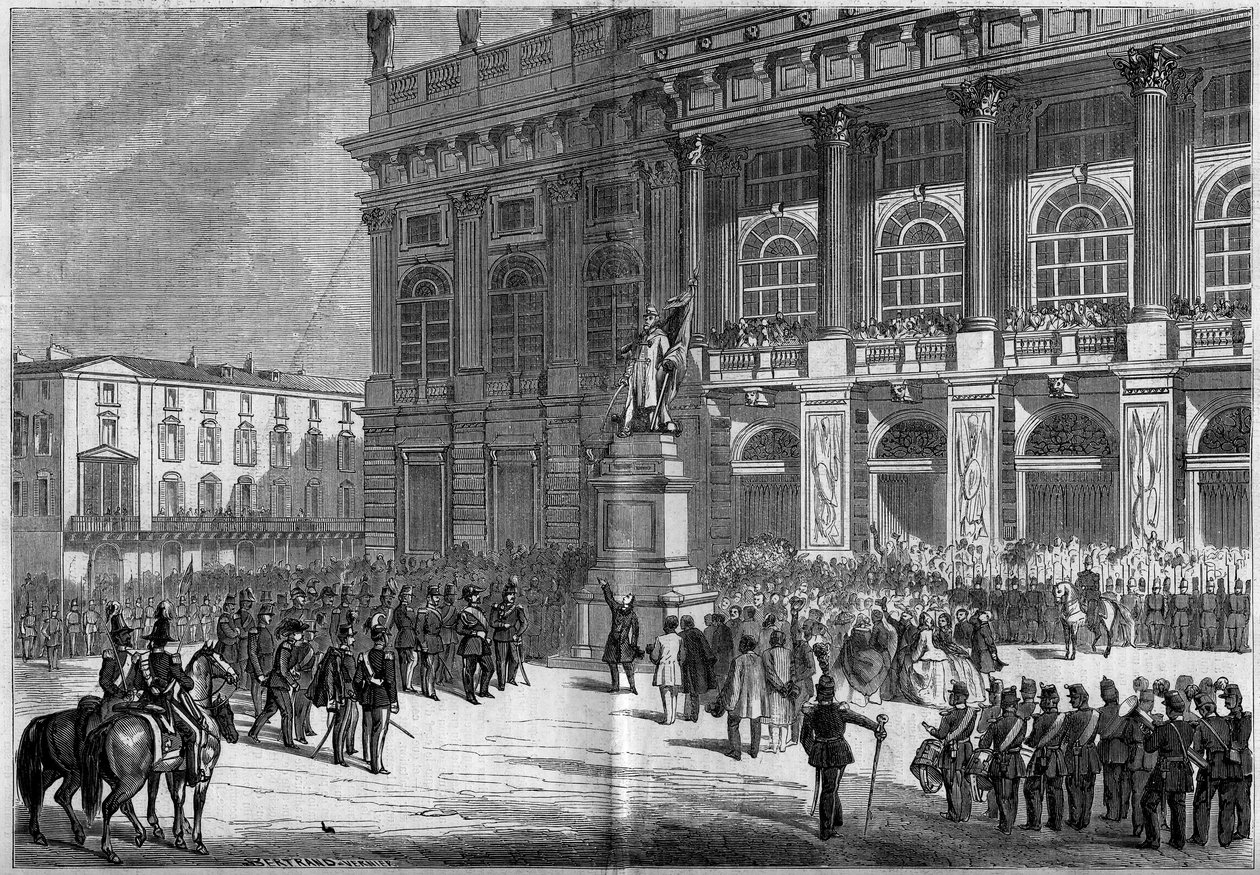 Inauguration of the Sardinian monument by Vincenzo Vela (1820-1891), at the Chateau Square in Turin (Italy) on 10 April 1859. Behind the statue is the “Palazzo Madama”. Based on Mr. Ferry