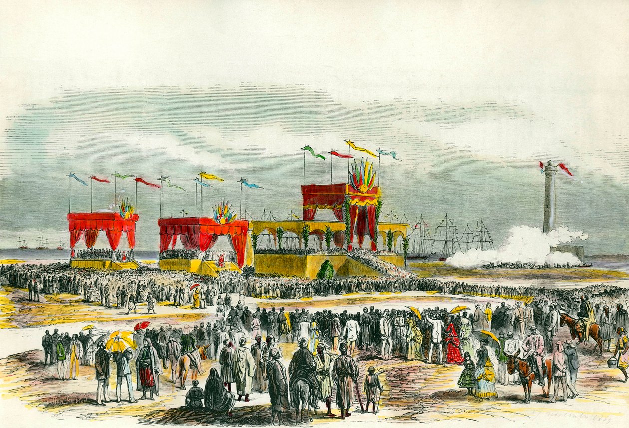Innvielse av Suez-kanalen i Egypt i 1869: "Te deum" synger i Port Said. Kanalen ble opprettet for å koble Rødehavet til Middelhavet. av French School
