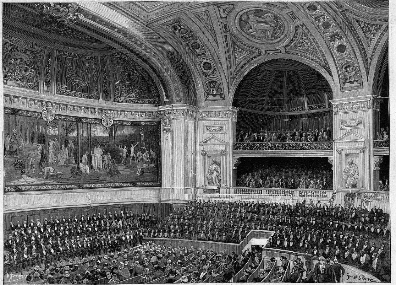 Innvielse av det nye Sorbonne i 1889: det store amfiteateret under seremonien. av French School
