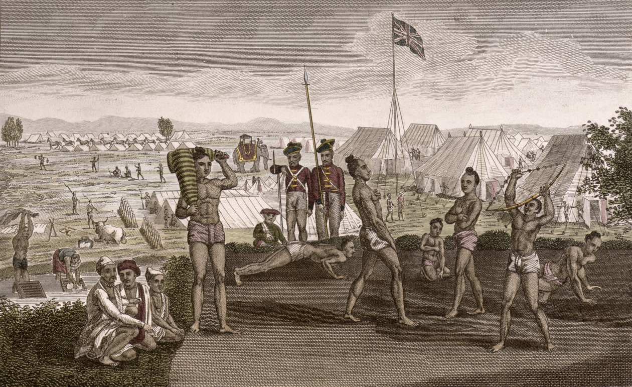 Indiske krigere trener med utsikt over den engelske beboerleiren, ca. 1810 av French School
