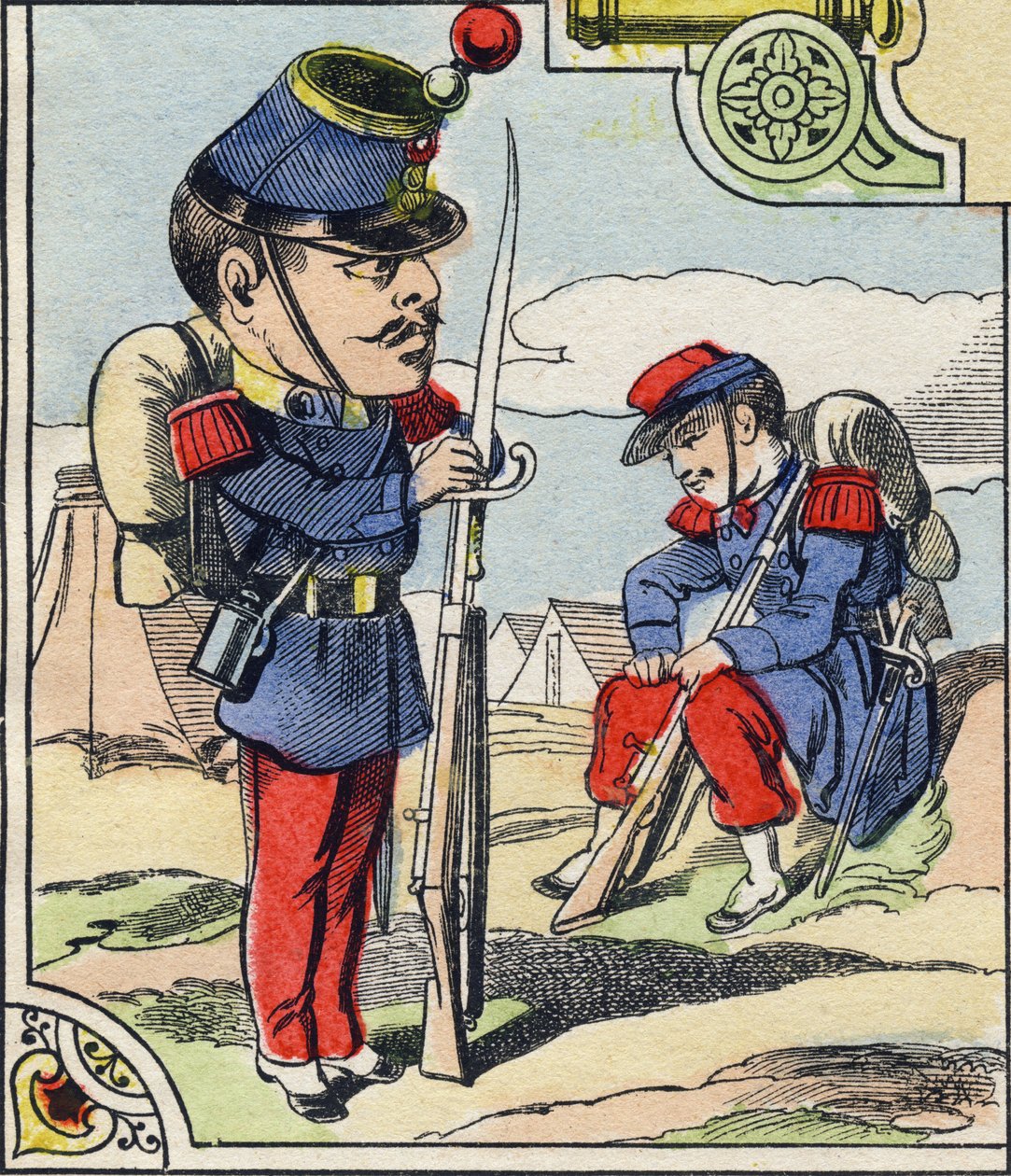 Infanterilinje. Gravering i "Comic Military Alphabet". Femte serie. Epinal avbildning. Pellerin og Cie, Printers, Epinal, slutten av 1800-tallet. 16 sider. Mål: 25x18,5cm av French School