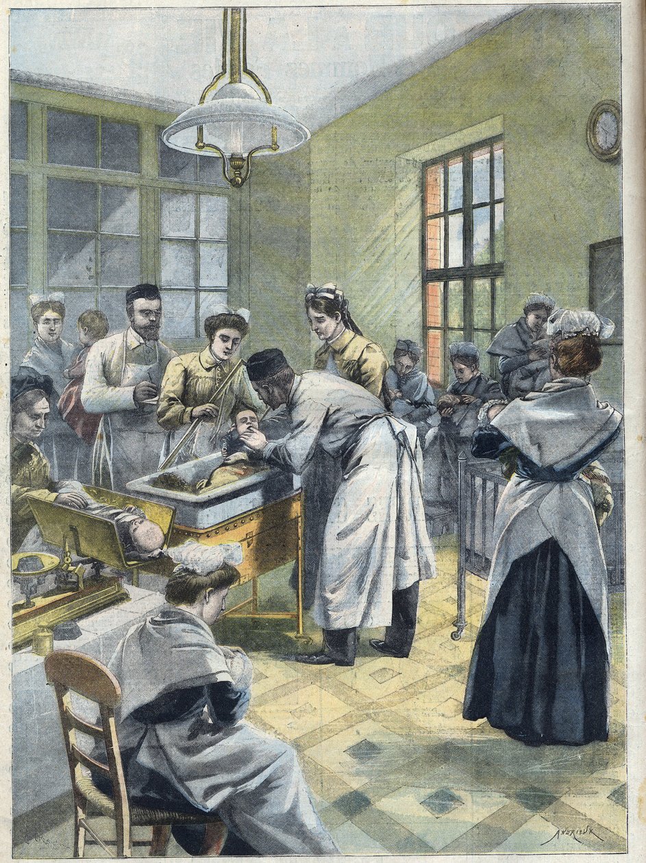 Infants at the depot des Enfants Assistes rue Denfert Rochereau (Denfert-Rochereau) in Paris places in a incubator. The doctors and nurses take care of premature or debilly babies, in "Le Petit Parisien” av French School