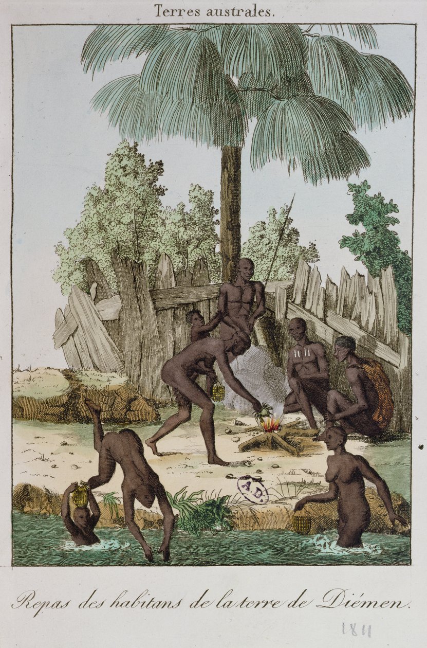 Innbyggere i Diemen tilbereder et måltid, 1811 av French School