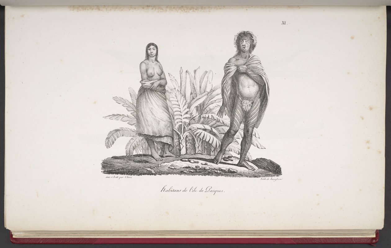 Innbyggere på Påskeøya, fra A Picturesque Voyage Round the World, med portretter av villmenn fra Amerika, Asia, Afrika og øyene i det store hav; landskap, havutsikt og flere naturhistoriske gjenstander; ledsaget av d av French School