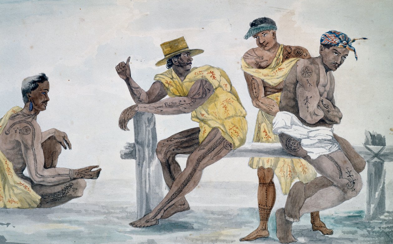 Innbyggere på Tahiti, Society Islands, akvarell av Jules-Louis Lejeune, basert på Voyage around world av French School