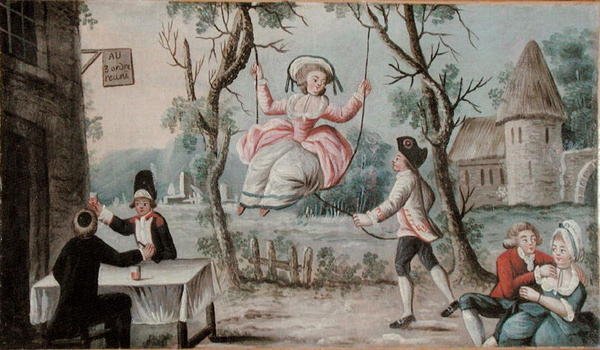 Inn-skilt malt for en taverna som viser de tre ordener gjenforent, ca 1789 (olje på tre) av French School