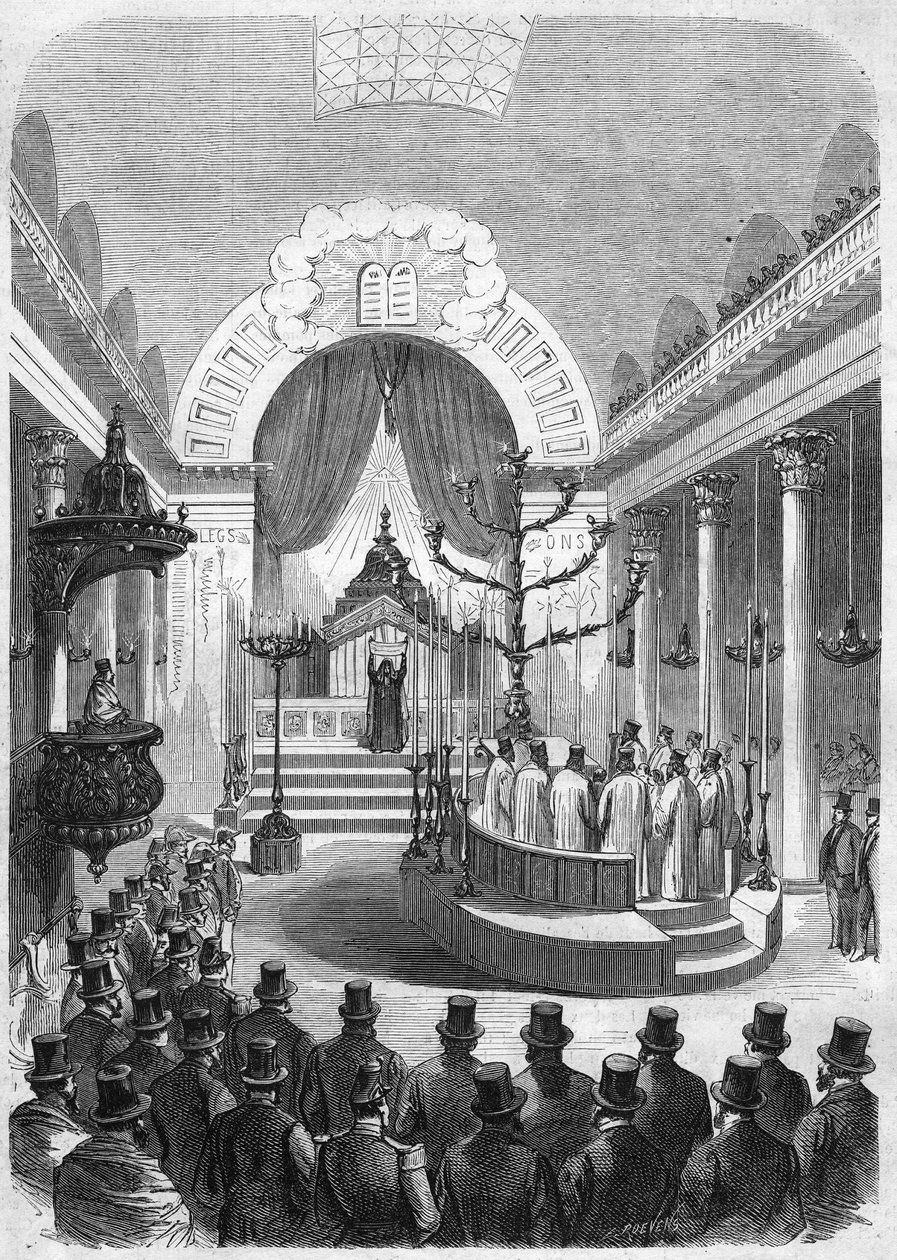 Installasjon av overrabbineren for verneplikten til Bordeaux, i synagogen i byen i 1864. Gravering fra Mr. Duffets skisse. av French School