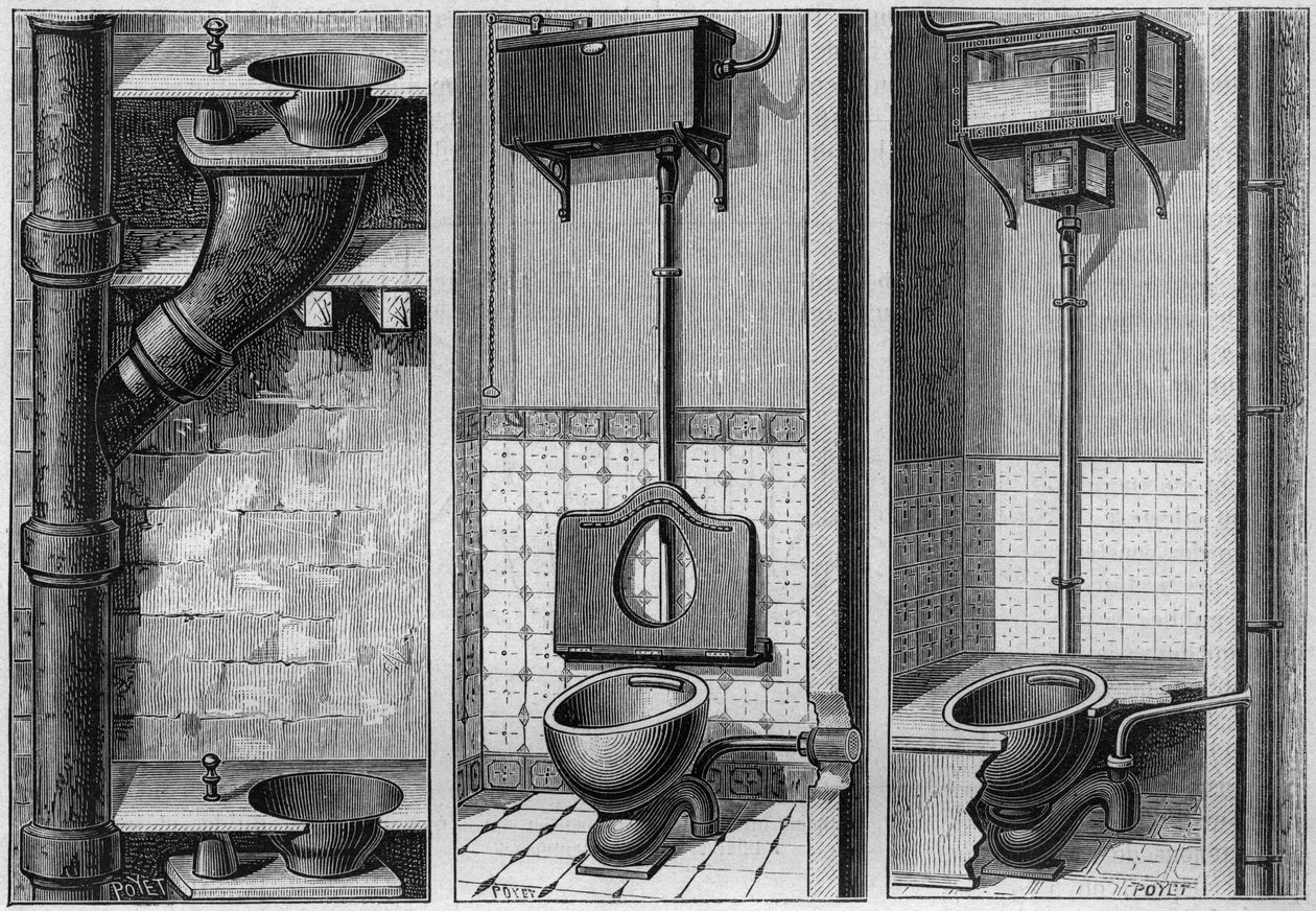Installation of three chambers: (from left to right:) unsanitary cabinet, sanitary cabinet with hunting tank and siphoning and ventitious apparatus without mechanics. Engraving in “” La Nature. Revue des sciences et de ses applications aux arts et a l