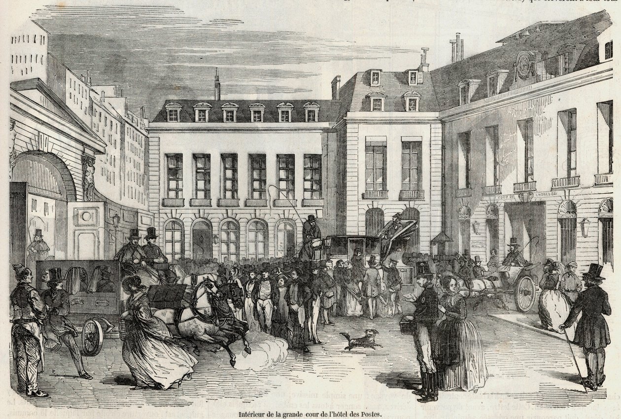 Interiør av den store gårdsplassen til Hôtel des Postes i Paris - Gravering i "Tableau-de-Paris" av Edmond Texier 1852 av French School