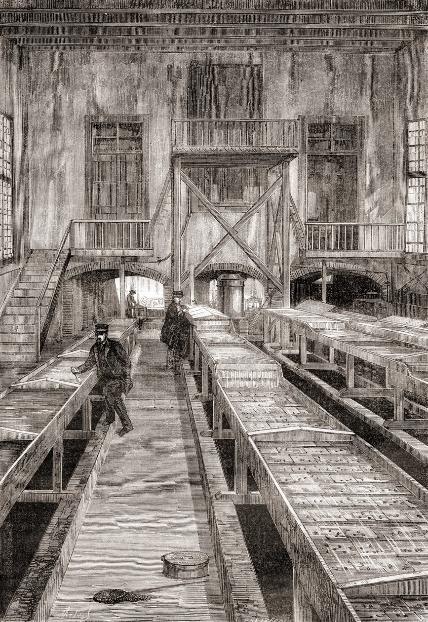Interiør av en fiskefarm fra 1800-tallet i Huningue, Frankrike, fra Les Merveilles de la Science, utgitt ca. 1870 (gravering) av French School