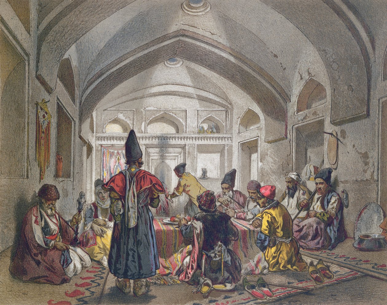 Interiør av en Caravanserai i Persia, midten av det nittende århundre av French School