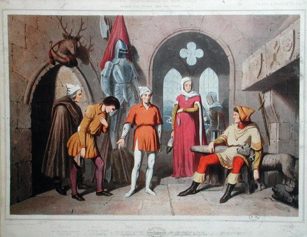 Interiør av et slott i Vosges i løpet av det fjortende århundre (farge litho) av French School