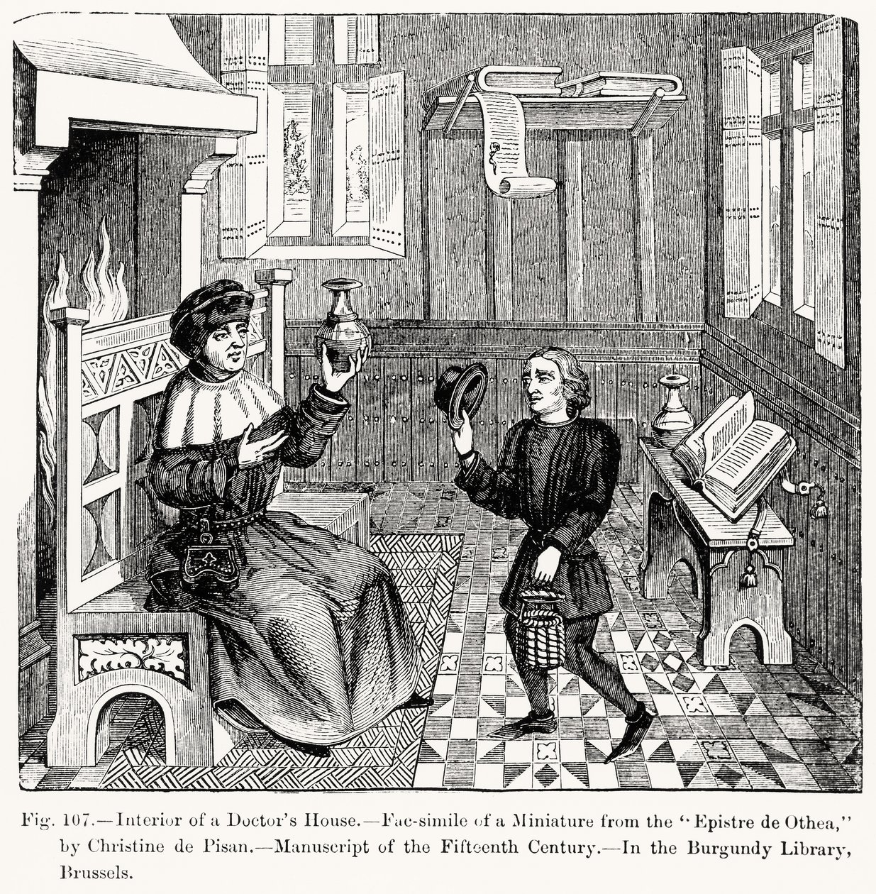 Interiør i et doktorhus, fra Epistre dOthea av Christine de Pisan, illustrasjon fra vitenskap og litteratur i middelalderen og renessansen, skrevet og gravert av Paul Lacroix, 1878 (gravi av French School