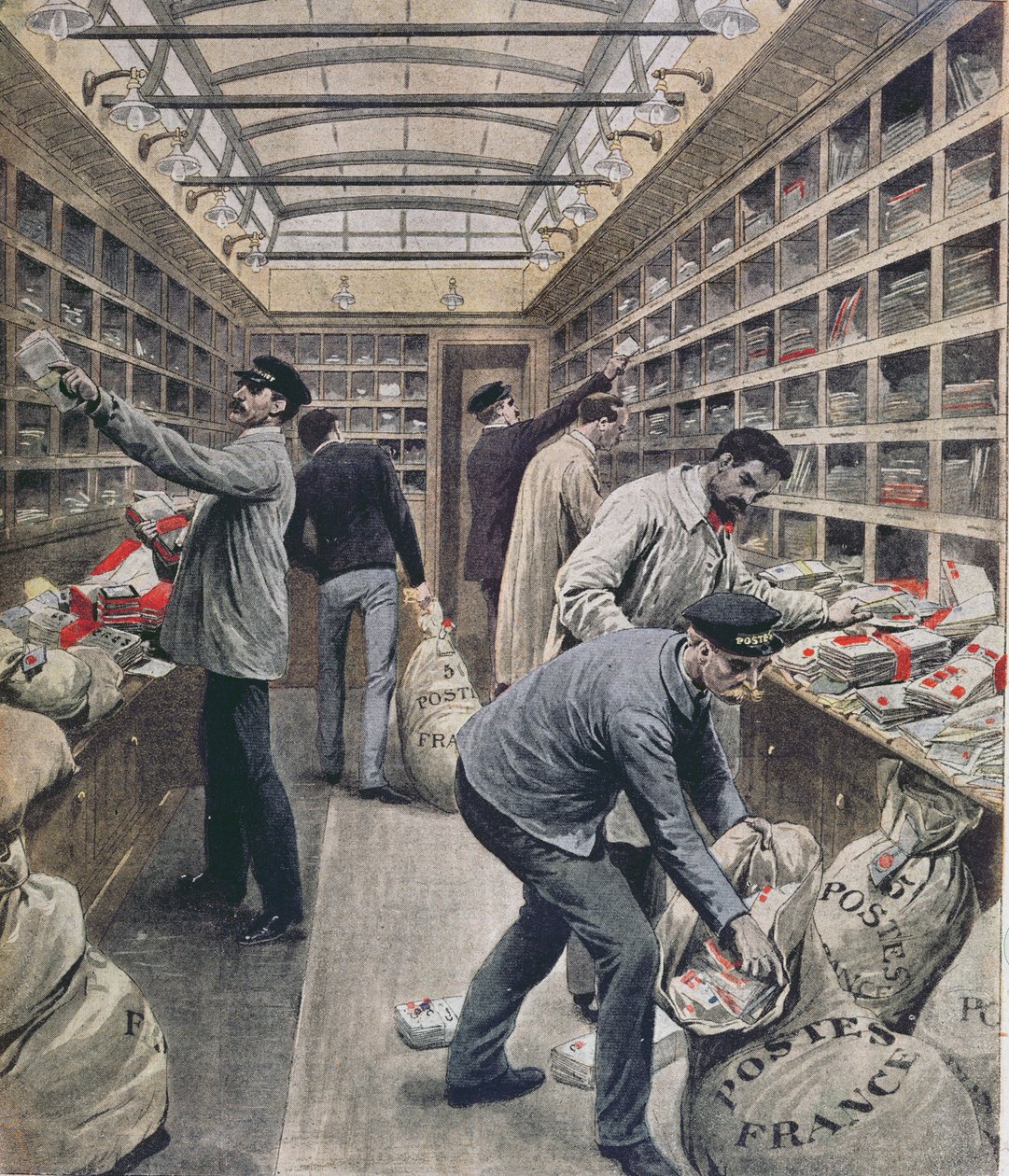 Interiør av en fransk jernbanepostvogn på tidspunktet for den franske poststreiken i 1909, illustrasjon fra Le Petit Journal, 28. mars 1909 av French School