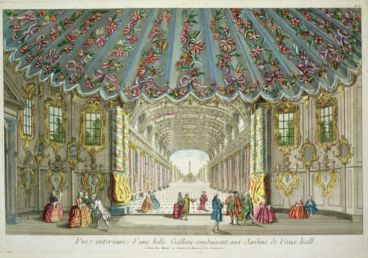 Interiør i et galleri som fører til Vauxhall Gardens av French School