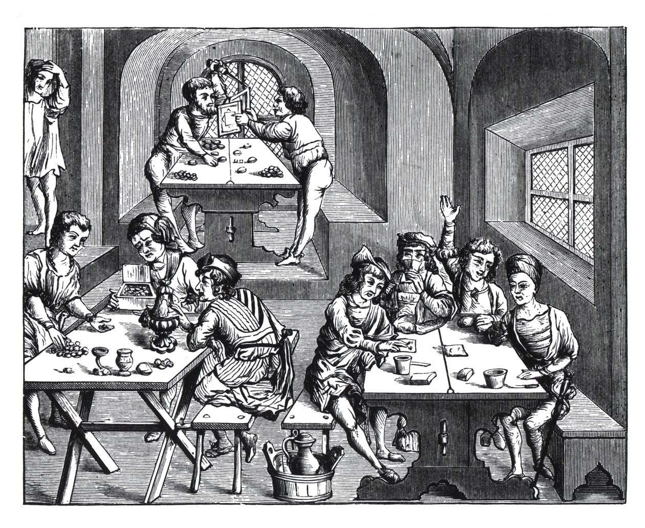 Interiør i et herberge, etter et tresnitt i en folioutgave av Virgil, utgitt Lyons, 1517 av French School