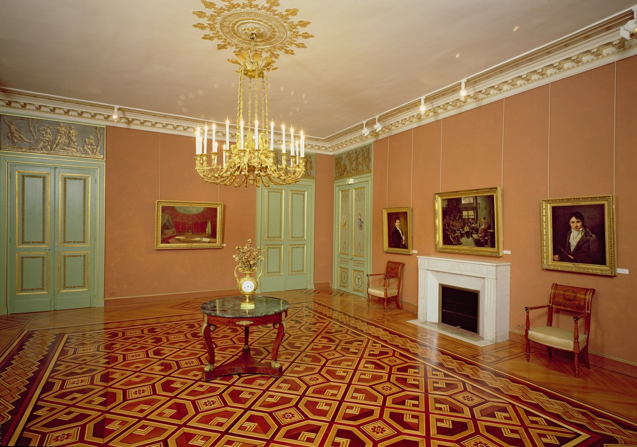Interiør i en salong med intarsiagulv, 1700-1800-tallet av French School