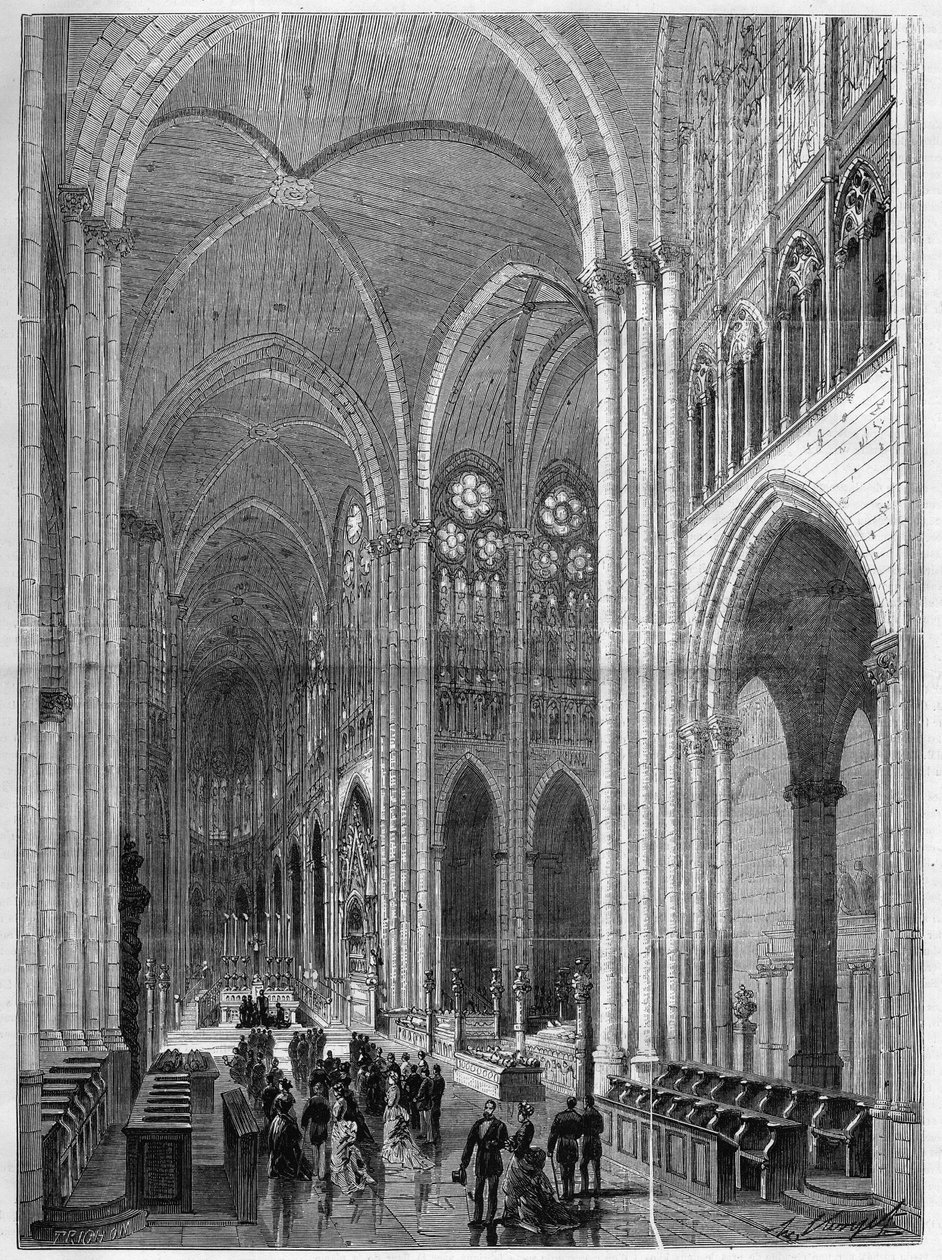 Interiøret i basilikaen Saint Denis (Saint Denis) restaurert etter planene til Eugene Viollet-le-Duc (Viollet le Duc) (1814-1879). Gravering i "The Illustrous Universe" av French School